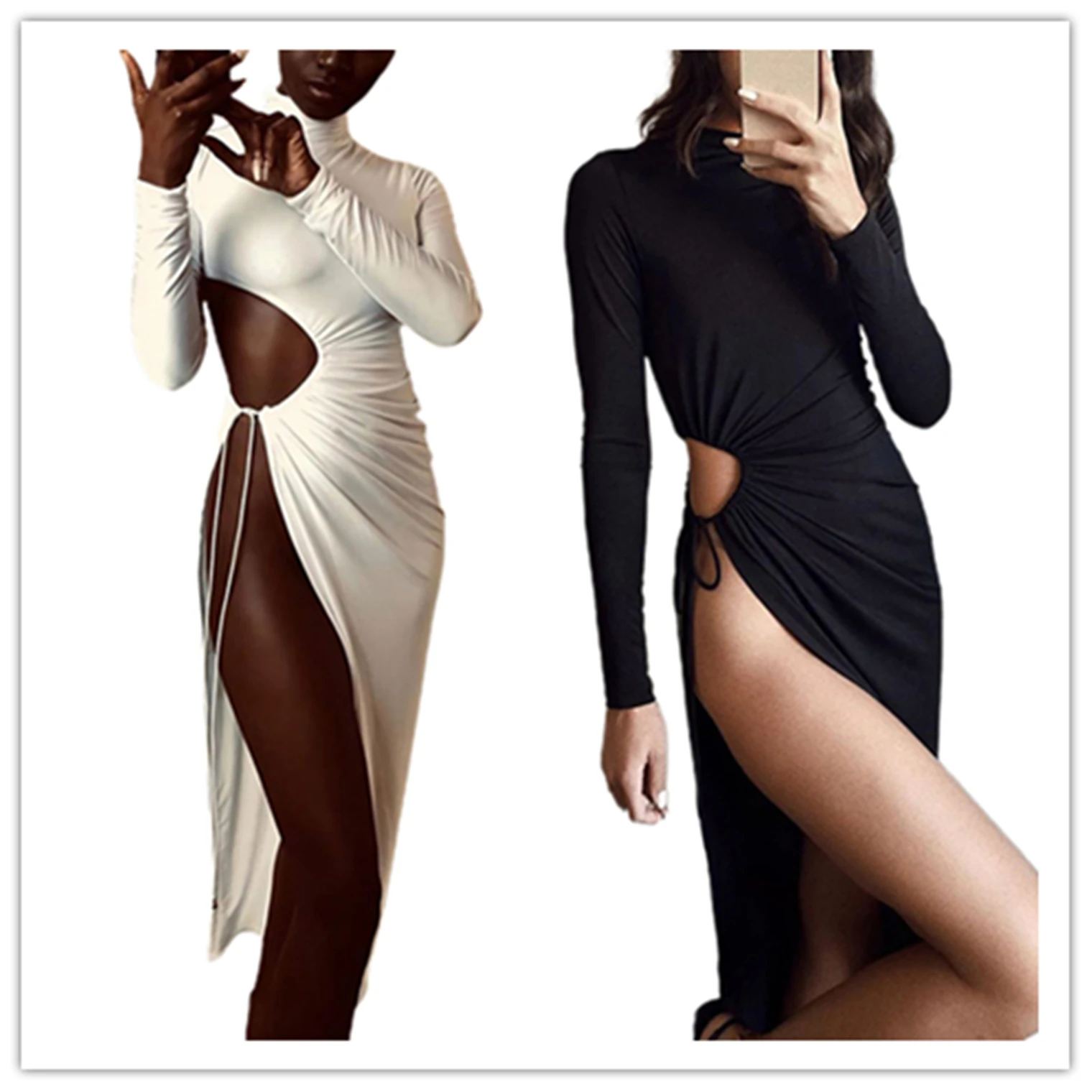 

FY Women's Wrapped Dress High-Neck Midi Long Sleeves Girl Pleated Tight Lace-up Split Hem Hollow Clothes Vestiti Donna