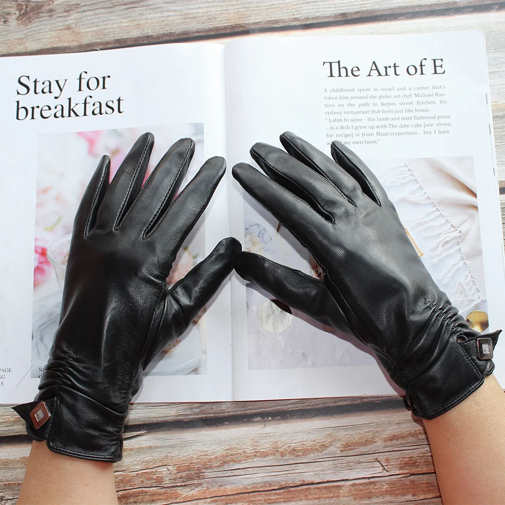 UXZDX Ladies Sheepskin Black Gloves Leather Fashion Winter Warmth Beautiful  Leather (Color : Black, Size : 9)