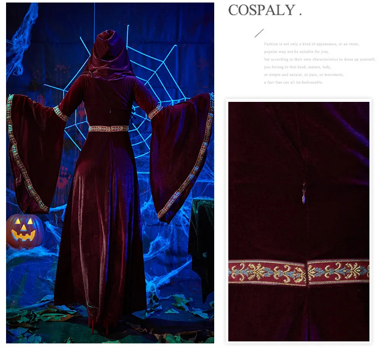 Medieval Retro Court Costume Night Vampire Queen Wizard Costume Hooded Gown Robe Medieval Dress Drap Sleeves Vampire Halloween