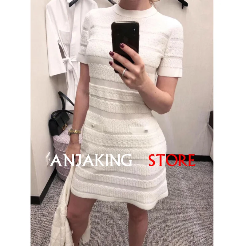 

Women's Short Sleeve Sweater Dress Women's Elegant Round Neck Pocket Casual Spring Summer Dress Women's Short Mini Knit Dress