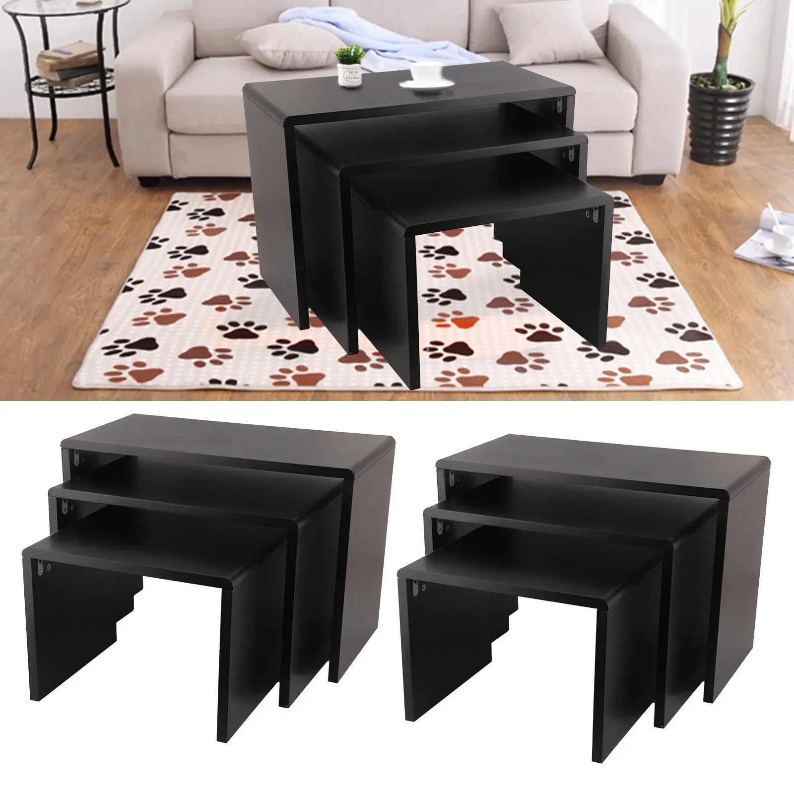 

Modern Nest of 3 Desk Side End Coffee Bar Living Room Furniture Black Simple Small-family Mesas De Centro Log Tea Table