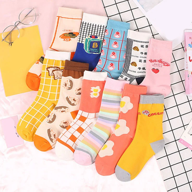 

Woman Harajuku Funny Cartoon Animal Food Cotton Socks Funny Egg Bread Cookies Donuts Happy Woman Socks Kawaii Cute Girl Socks