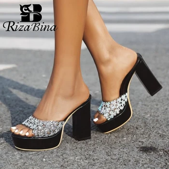 

RIZABINA Solid Color Women Sandals Fashion Platform Thick Bottom Square Heel Shoes Women Slip On Sexy Daily Slippers Size 34-43