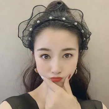 

Girls Korean Fashion Pearls Black Lace Crown Hair Bands Hoop For Women Lady Bezel Personality Headband Hair Accessories