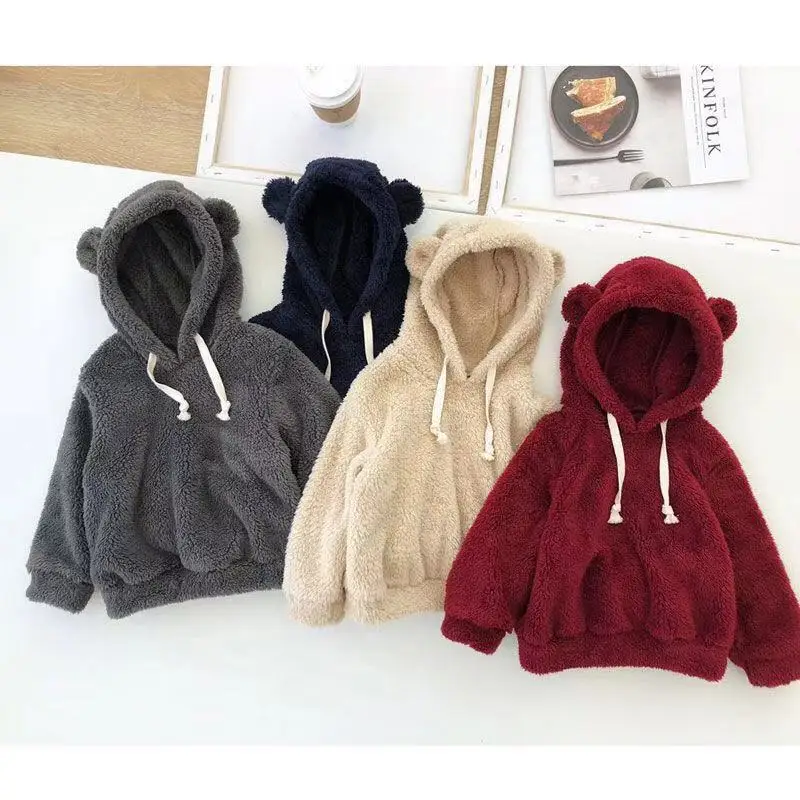 

Kids Baby Boys Pullover Girl Fleece Clothes Cute Bear Ear Furry Long Sleeve Tops Coat Thick Hooded Plush Winter Outwear 1-5Y