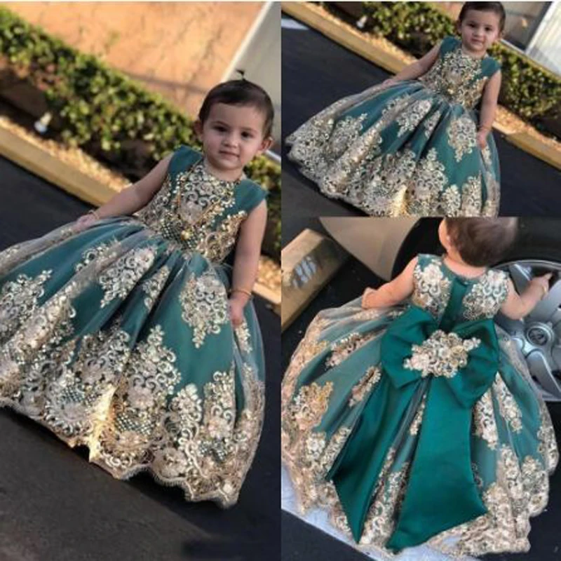 green and gold flower girl dresses