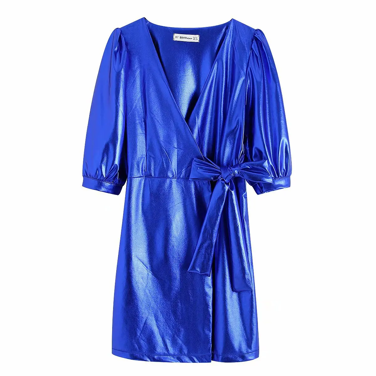

Europe And America WOMEN'S Dress Retro Industrial Metal Shiny Bubble Short Sleeve Elegant Wrap Bow Lace-up V-neck Dress