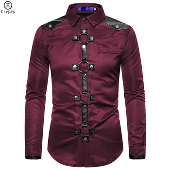 

Shirt Men New Gothic Style Rivet Solid Color Cargo Shirt Slim Fit Chemise Noel Party Singer Stage Streetwear For Men Clothing