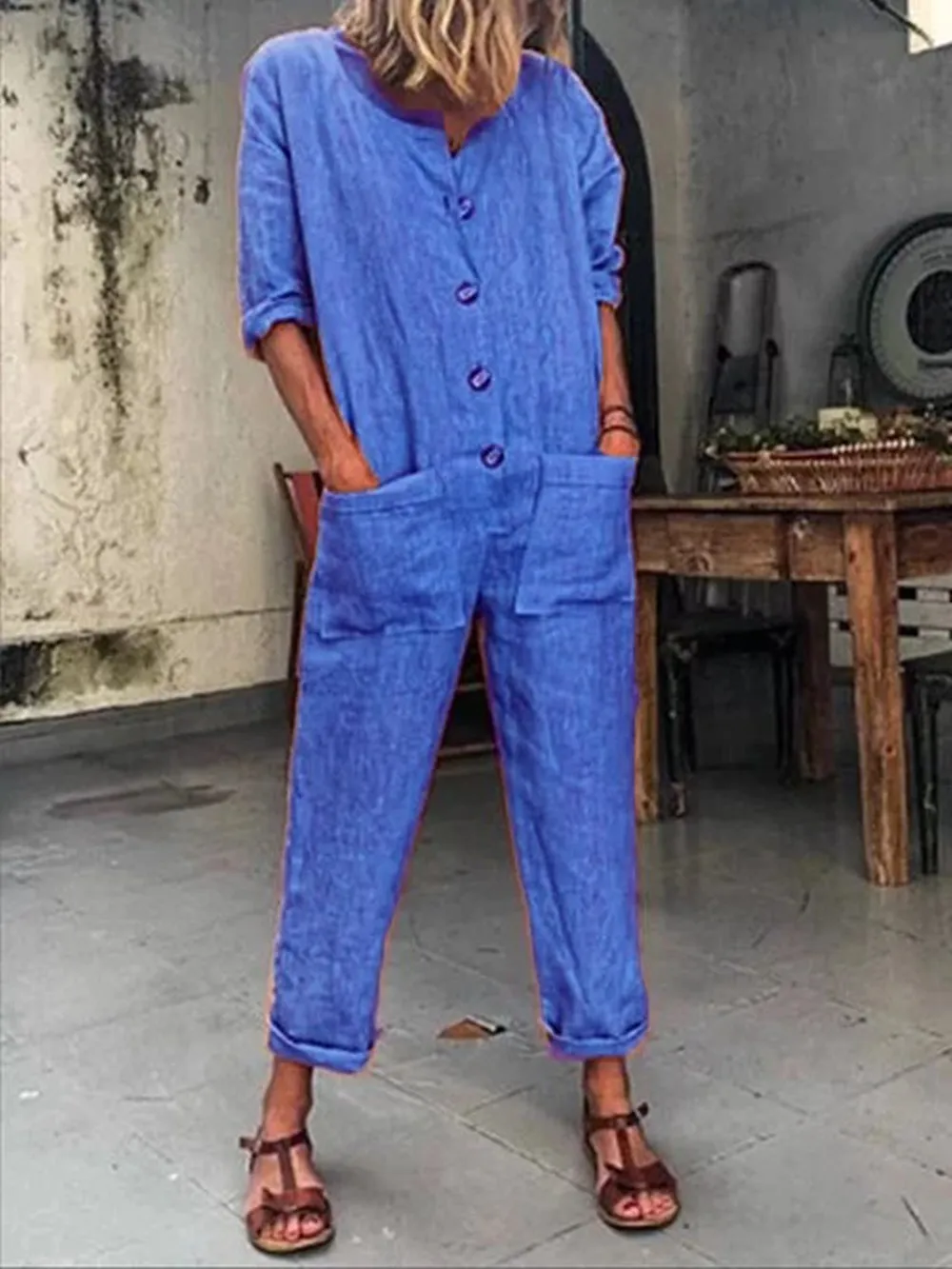 

Loozykit Women's Jumpsuit Set Women's Summer Casual Solid Color Button Cotton Linen Long Jumpsuit Short Jumpsuit Fashion 2019