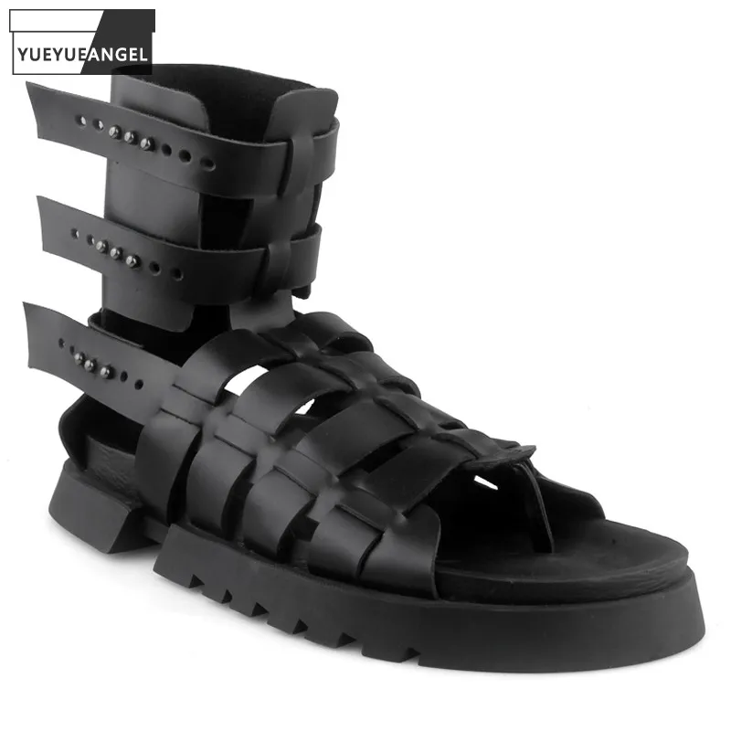 

Harajuku Gladiator High Top Shoes Mens Open Toe Thick Bottom Genuine Leather Roman Sandals Male Summer Fashion Outside Sandal