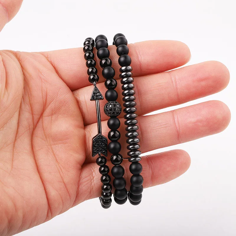 New Fashion Natural Stone Matte Onyx CZ Pave Arrow Ball Charm Beads Elastic Bracelet Set For Men - Image 4