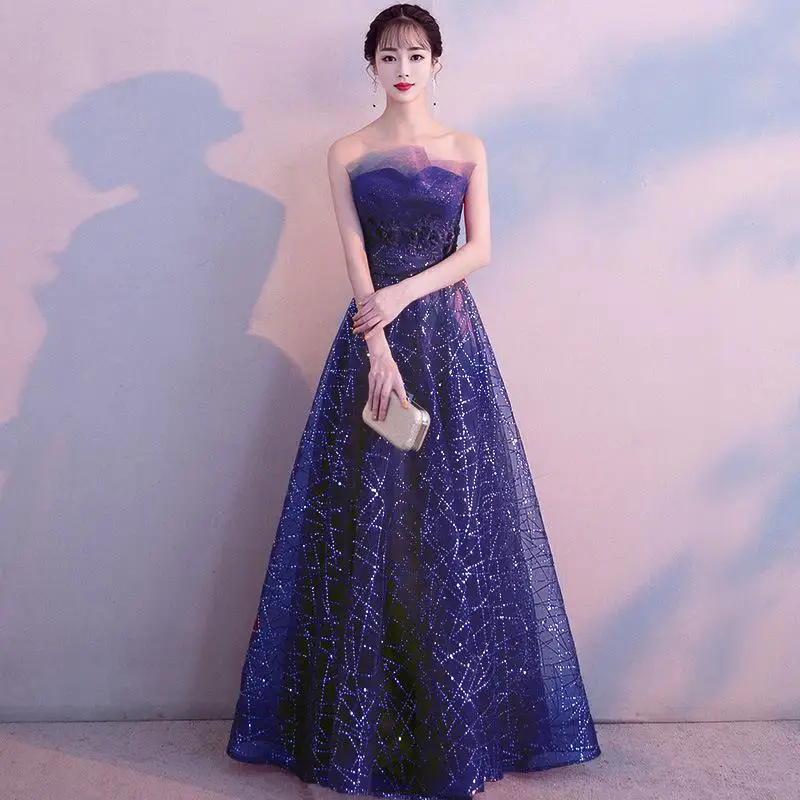 Женское вечернее платье Cheongsam из Искусственного хрусталя, новинка, синие темпераментные сексуальные платья знаменитостей с открытыми плечами Qiapo - Цвет: blue long