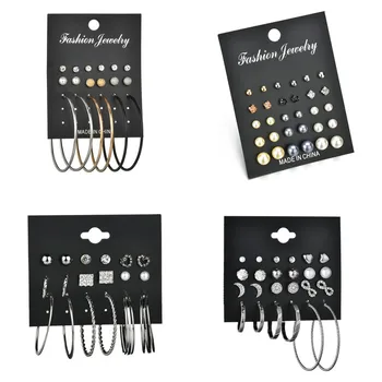 

WUKALO New Earrings Sets Gold Silver Color Color Small Big Circle Earrings for Women Crystal Simulated Pearl Earrings