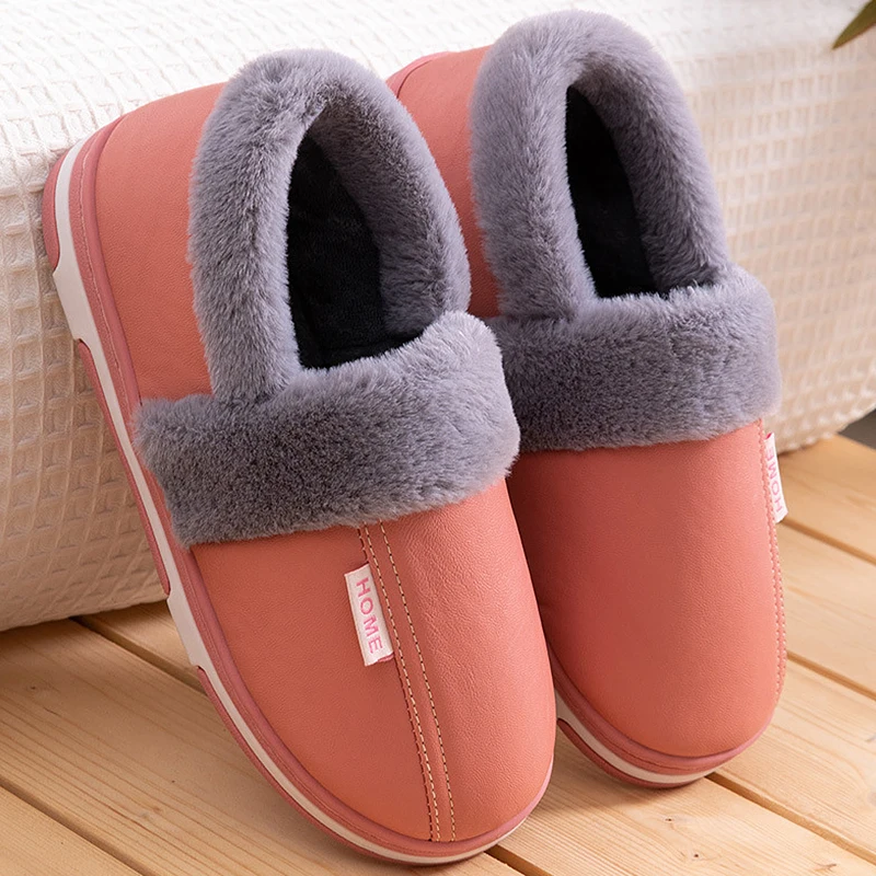 

PU Leather waterproof womens slippers indoor Comfy Faux Fur House shoes Anti-dirty Unisex slippers Soft rubber Female slippers