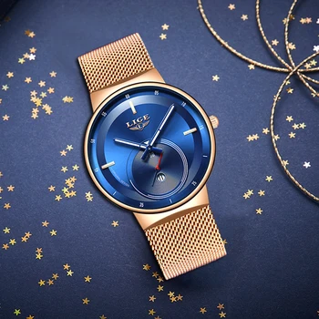 

2020New LIGE Star Watch Women's Casual Quartz Strap Analog Wrist Watch Clock Rose Gold Steel Dial Casual Watch Bayan Kol Saati
