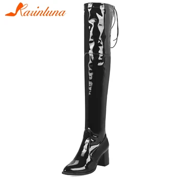 

KARINLUNA Plus Size 33-48 Lady High Heels Boots Women Party Patent PU Thigh High Boots Elegant Slim Over The Knee Shoes Woman