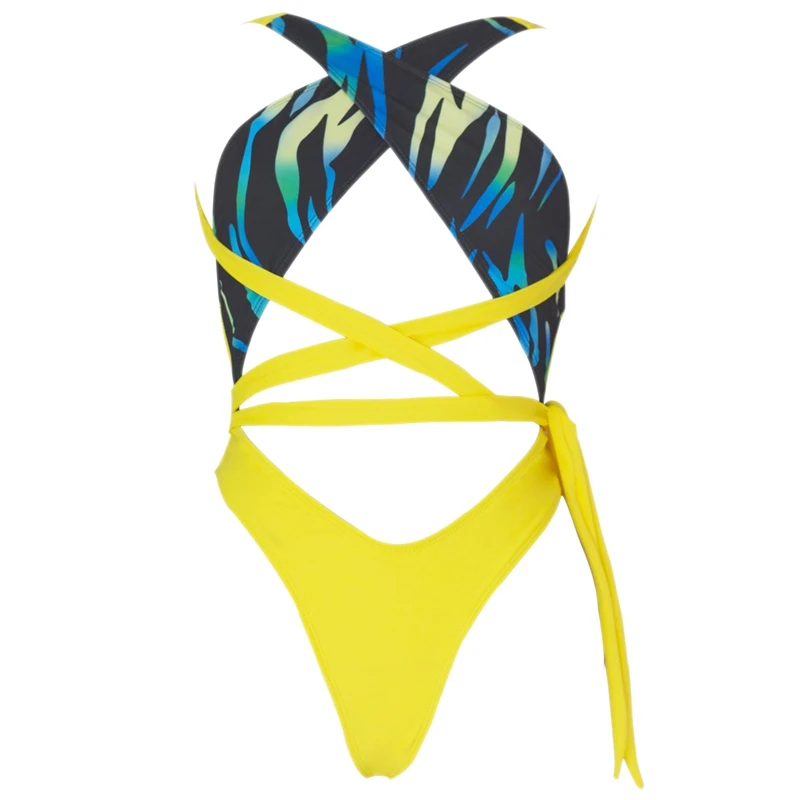 

Cross Neck Bandage Swimsuits For Women High Leg Cut Swimwear Ladies Halter Swimdress One Piece Swimsuit Beachwear L