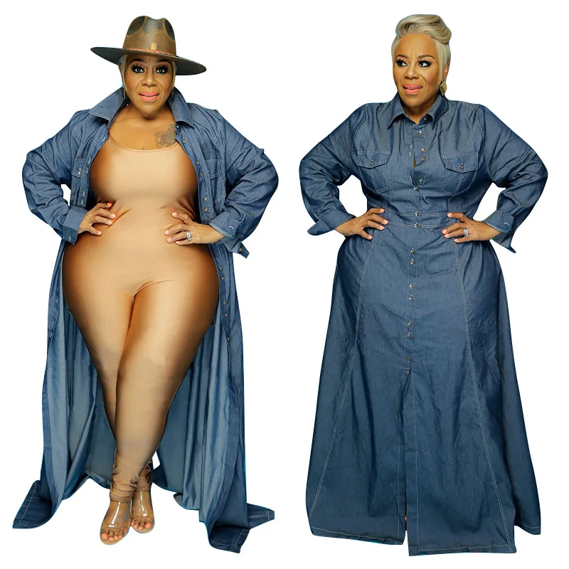 

Plus Size Women Solid Floor-length Denim Dresses 2020 Autumn Newest Lady Big Size Turn-down Collar Single-breasted Casual Dress