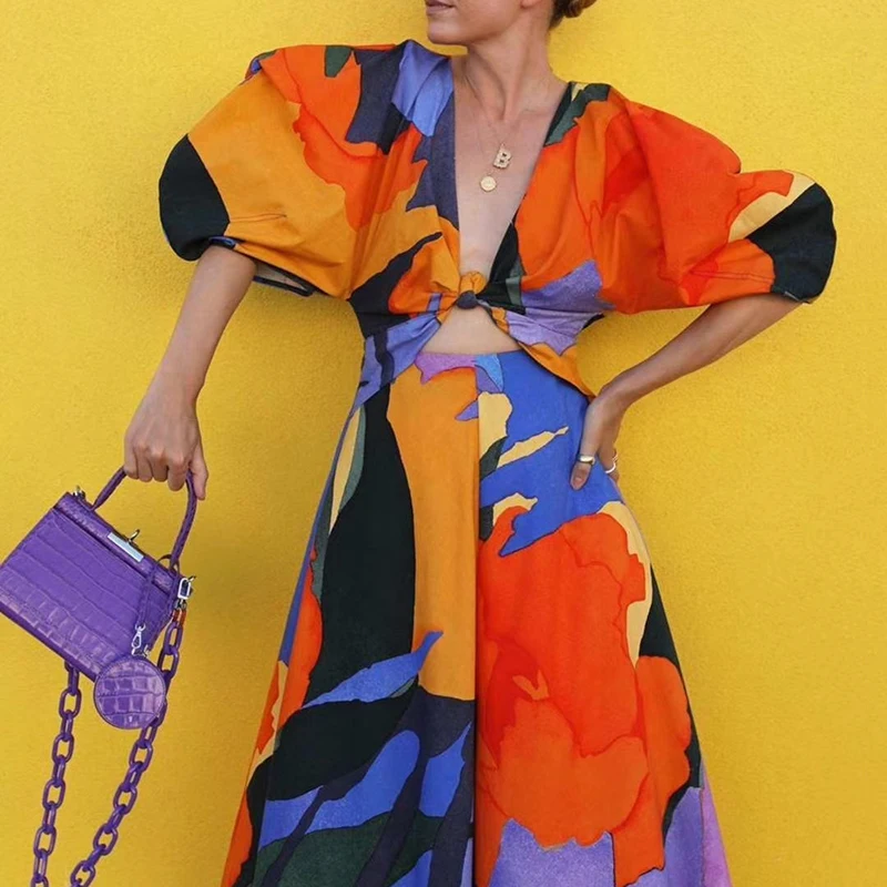 详情.JPG TWOTWINSTYLE Casual Print Summer Dress Women V Neck Lantern Half Sleeve High Waist Hollow Out Hit Color Midi Dresses For Female