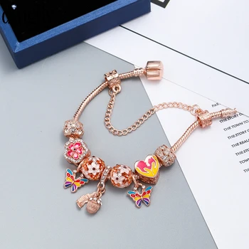 

Dinglly Rose Gold Shiny Flower Beaded Acorn & Leaves Pendant Bracelets For Women Original Fine Color Butterfly Charm Bracelet