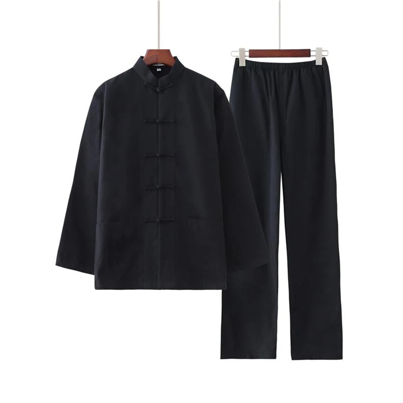 Large size Men's Cotton Solid Color Kung Fu Suit Chinese Style Wu Shu Shirt&Trousers Sets wine red Tai Chi Clothing M-4XL
