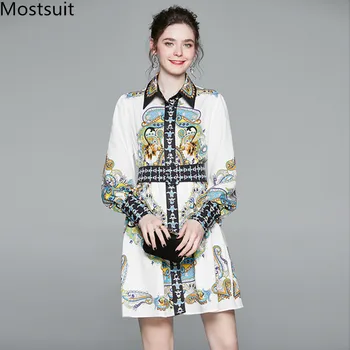 

Runway Fashion Vintage Printed Sashes Shirt Dress Women 2020 Autumn Long Sleeve Turn-down Collar Mini Dresses Fashion Vestidos