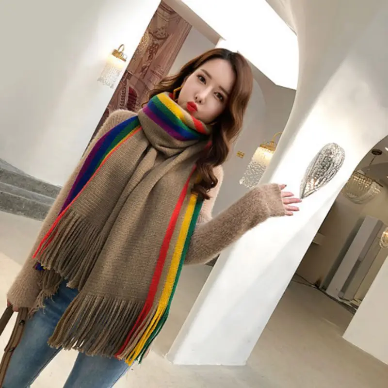 Для женщин зима в радужную полоску толстый шарф теплые кашемировые джинсы с бахромой; корейский стиль; милые шаль шарф мм - Цвет: K