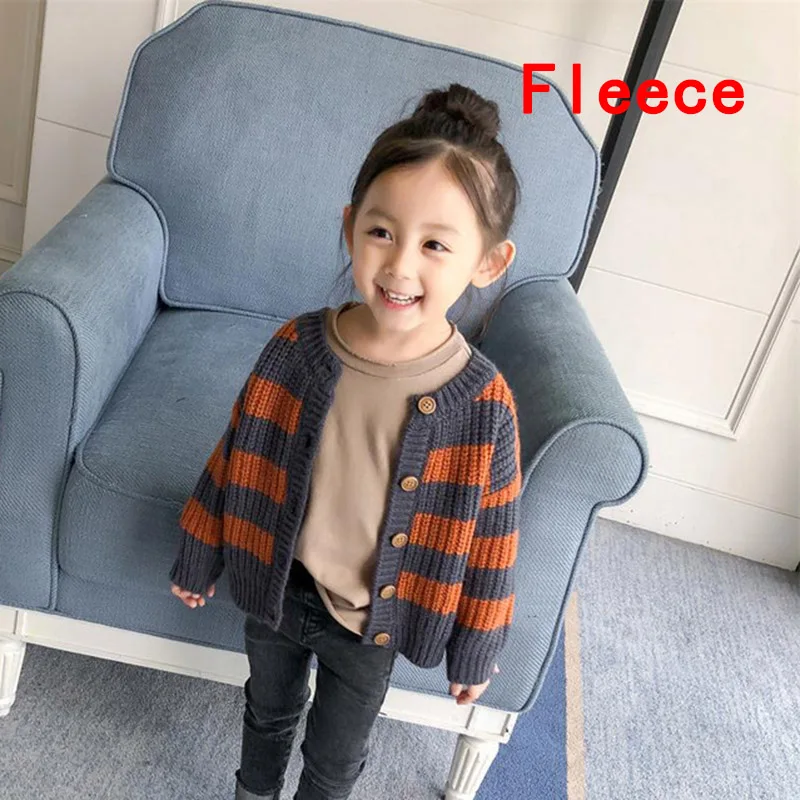 fleece orange Детские свитера; осенний кардиган в полоску для девочек; Вязаная Шерстяная Одежда для девочек; топы; теплый зимний свитер для детей - Цвет: fleece orange
