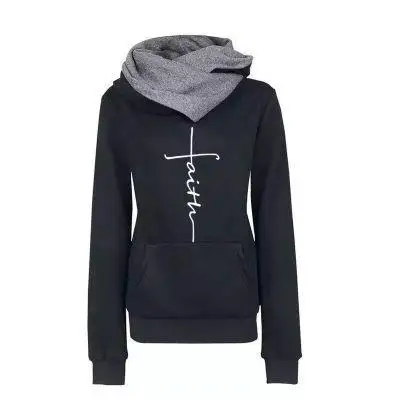 Black Осенне-зимние толстовки, женские толстовки с вышивкой Faith, пуловеры с длинным рукавом, рождественские повседневные Теплые Топы с капюшоном - Color: Black