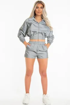 

Women Reflective Coat Clubwear Long Sleeve Casual Jacket Outwear Crop Top