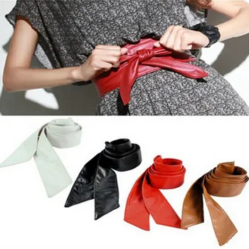 

Women Men Leather Soft Belts Fashion Solid Color Portable Self Tie Bowknot Band Wrap Around Sash Belt Plus Size