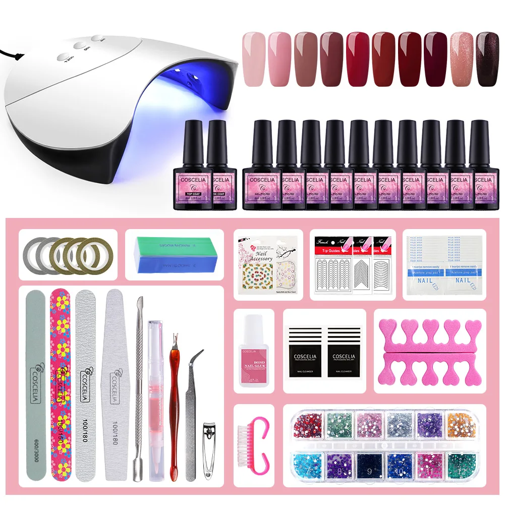 Kit 1 COSCELIA 36 Вт Светодиодный лак для ногтей сушилка лампа для дизайна ногтей Маникюрный Инструмент 10 цветов гель лак для ногтей УФ-набор для маникюра - Цвет: Kit 1