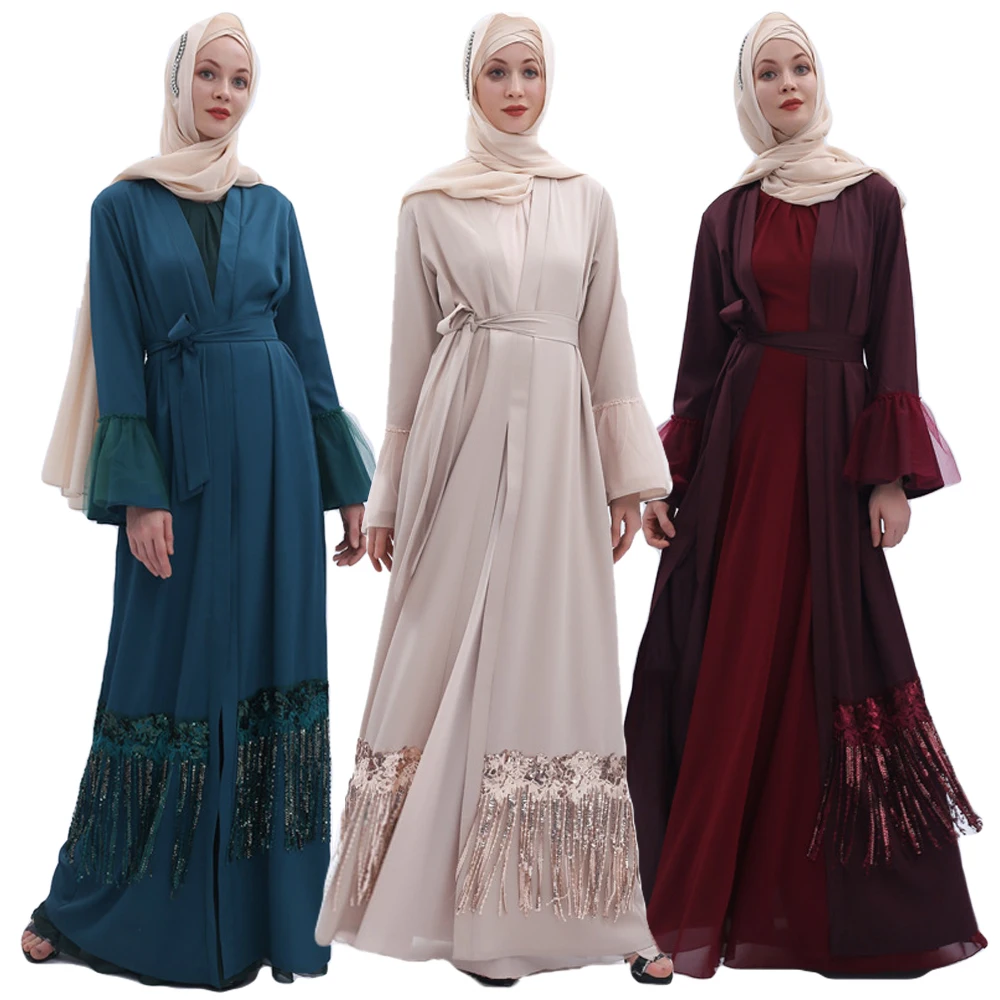 Дубай Sequin abaya кимоно джилбаб открытый передний кафтан мусульманских женщин кисточкой с длинным рукавом кардиган Макси платье Турецкий халат Ближний Восток