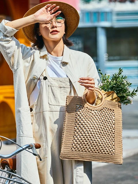 Straw Handbags Women Handwoven Round Corn Straw Bags Natural Chic Hand  Large Summer Beach Tote Woven Handle Shoulder Bag