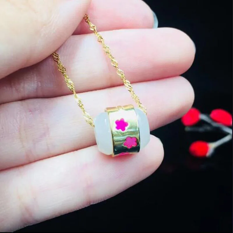 Natural Chinese HeTian 925 Silver White Jade Passepartout Was Cylindrical Pendant Necklace For Women Charm Jewelry