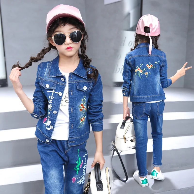 

2018 Autumn New Style Girls Big Boy Korean-style Western Style Back Printed Denim Suit Three-piece Set