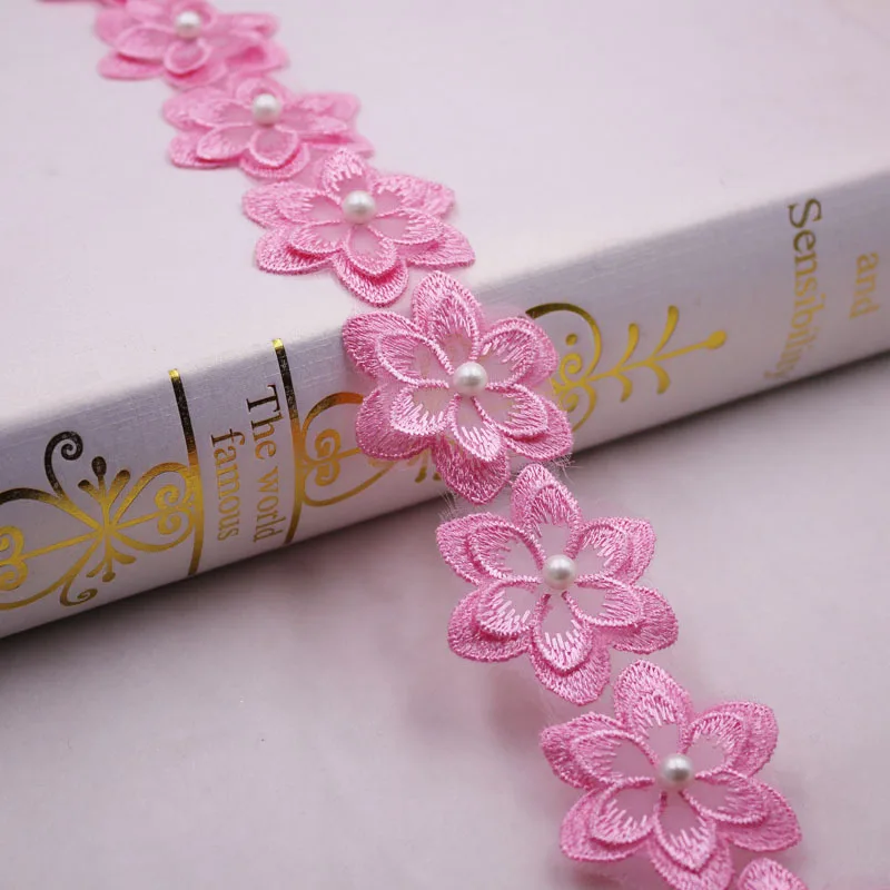 1Yards Flower Pearl Beaded Embroidered Lace Ribbon Trim African Lace Fabric Handmade Dress Sewing Supplies