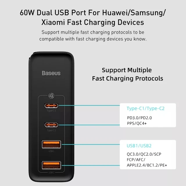 Baseus GaN Charger 100W PD QC USB Fast Charger Type C Quick Charging USB C Phone Charger for iPhone 15 14 13 12 Pro Max Macbook 2