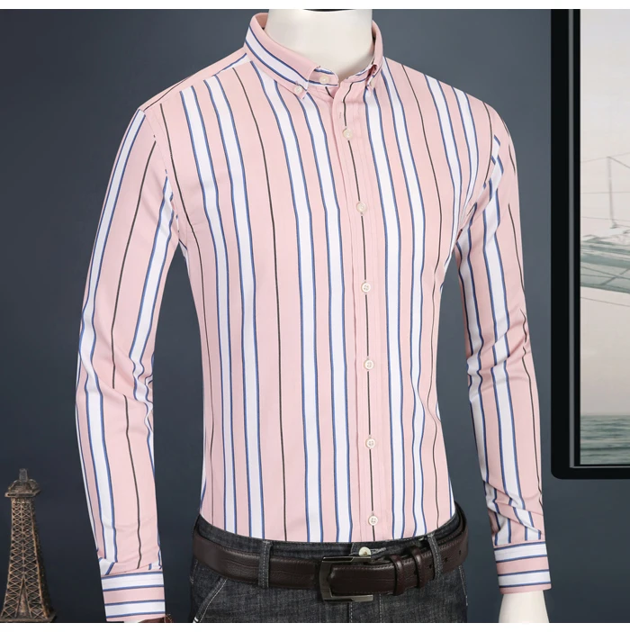 Мужская повседневная полосатая рубашка из модала и хлопка с длинным рукавом, удобная Стандартная рубашка премиум класса с воротником на пуговицах, легкая рубашка в уходе