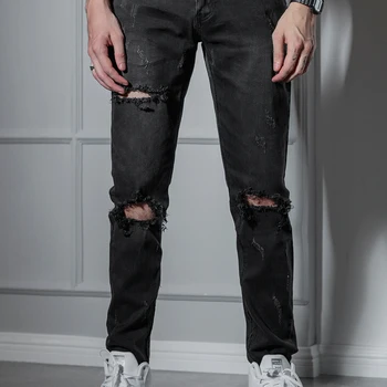 

Hip-hop tide brand retro men's casual feet slim hole jeans men's trousers youth pants Europe and America hip-hop punk clothes