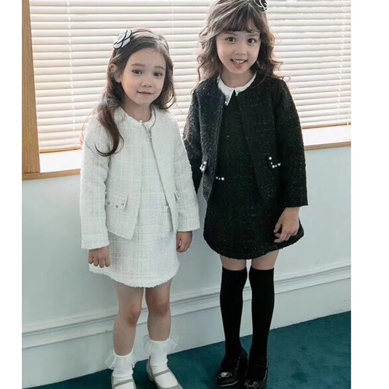 

Kids Clothing Girls Elegant 2 Pcs Set Pearl Coats + Sleeveless Dress Channel style Party Christmas Princess Girl Clothing 3-12Y