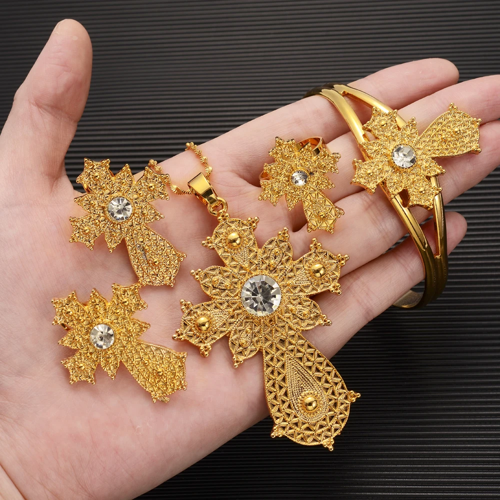 

Retro White Zircon Cross Pendant Necklace Earrings Ring Bangle Gold Color Charm Jewelry Sets African Arab Jewelry Gifts
