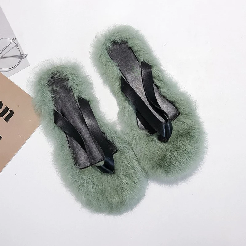 Модные тапочки их меха под кролика на плоской подошве; меховые тапочки; Zapatos De Mujer Ins; шлепанцы; женские Тапочки - Цвет: green