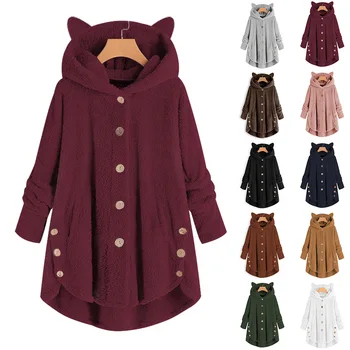 

Women Winter Coat Solid Color Buttons Long Length Overdress Hooded fur Coat Long-Sleeved Hooded Stitching Loose Coat
