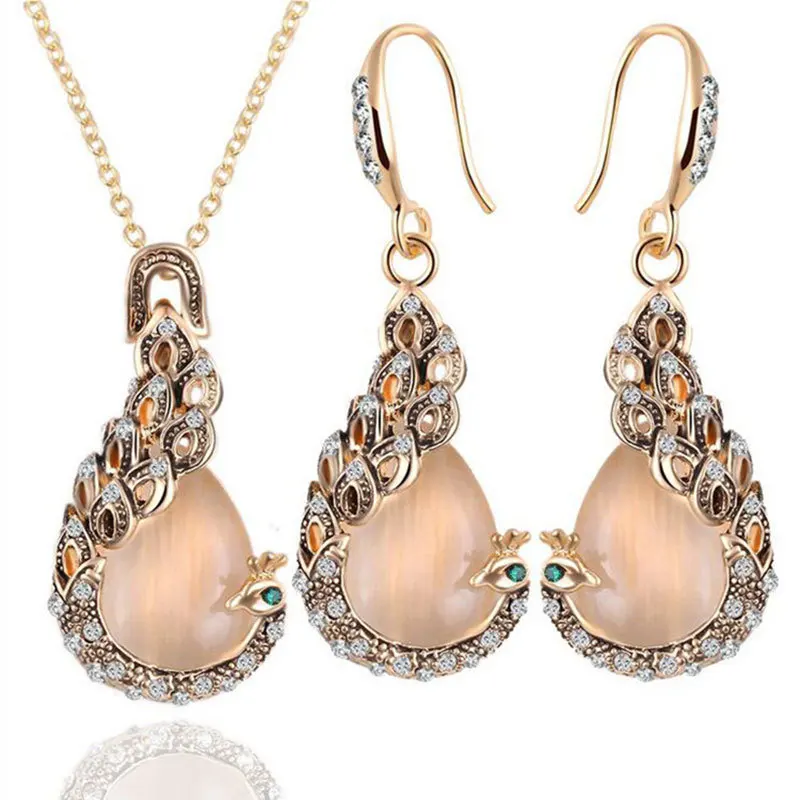 

Creative-Cat's Eye Stone Peacock Earrings And Necklace Set Europe And America Marriage Banquet Wedding Accessories Fashion Parts