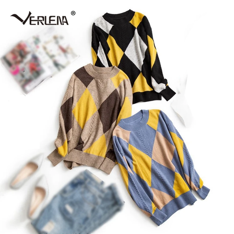Verlena Argyle высококачественный кашемировый джемпер Повседневный свитер женская одежда с круглым вырезом длинный рукав английский стиль Вязаный Пуловер Осень