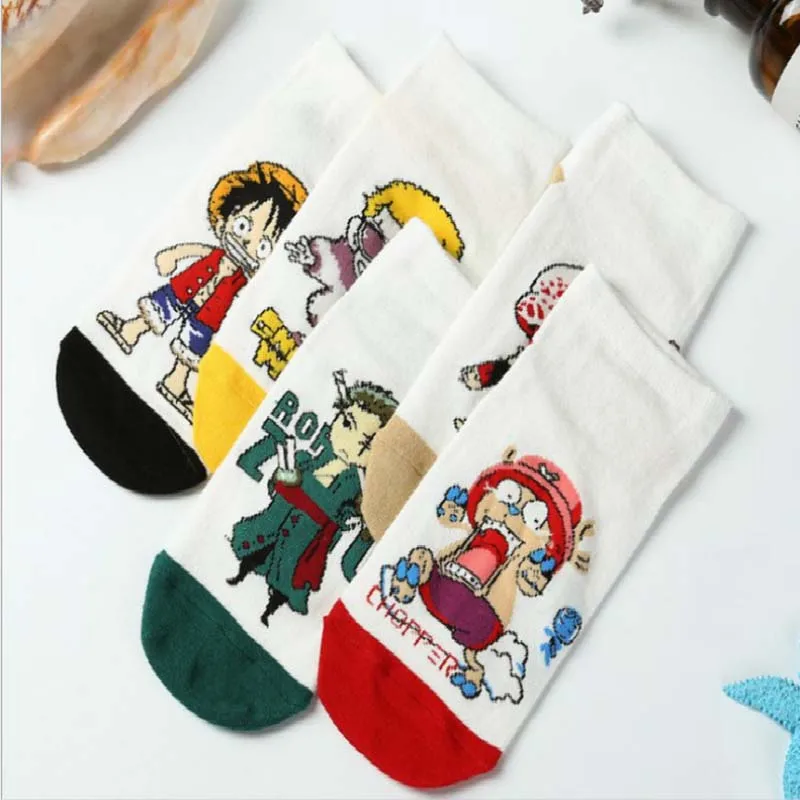 Цельные Короткие хлопковые носки с рисунком манга для мужчин и женщин из чесаного хлопка с принтом Luffy Solon Choba, прямые носки, модные Чулочные изделия