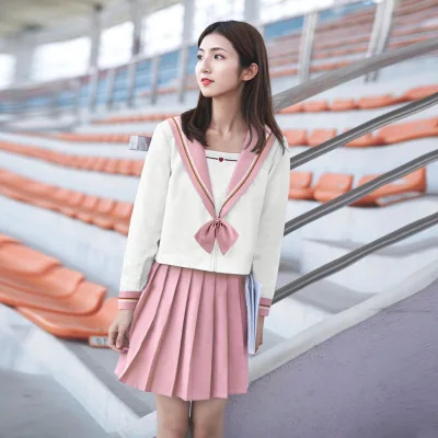 Sailor Suit Jk Uniform Pink Cute Girl Jpanese Kawaii Exquisite Heart Embroidery Preppy Suit Cardigan Short Long Sleeve Top+Skirt - Цвет: Long Sleeve Set