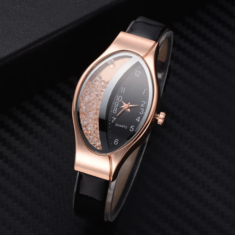 Women Fashion Luxury Watch Leather Strap Women Bracelet Clock Ellipse Rhinestone PU Sport Quartz Watch Wrist Watches For Women