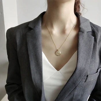 

Abstract Animal Sun Necklace 925 Sterling Silver Hollow Flower Round Coin Necklace Women Choker Necklace Korean Fashion Jewelry